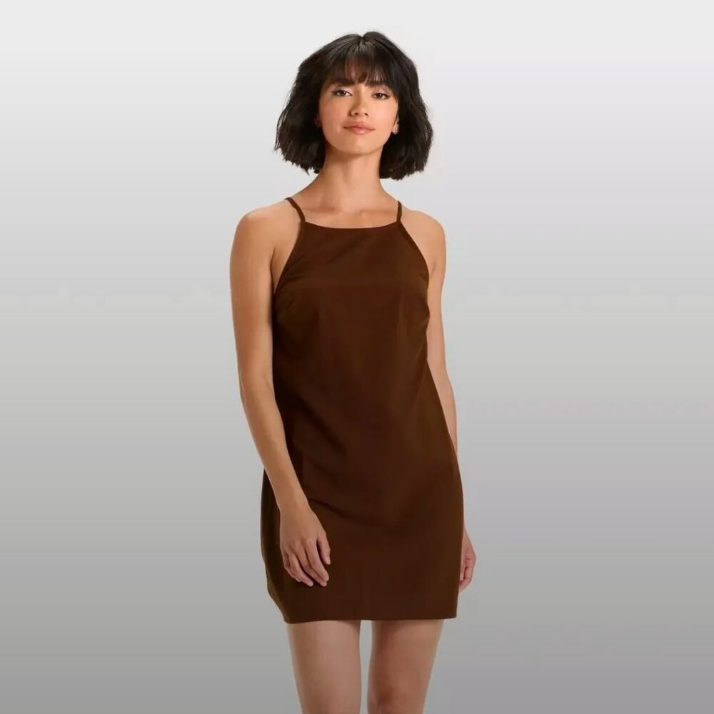 A New Day BROWN Women's halter beach mini dress NWT tie back linen